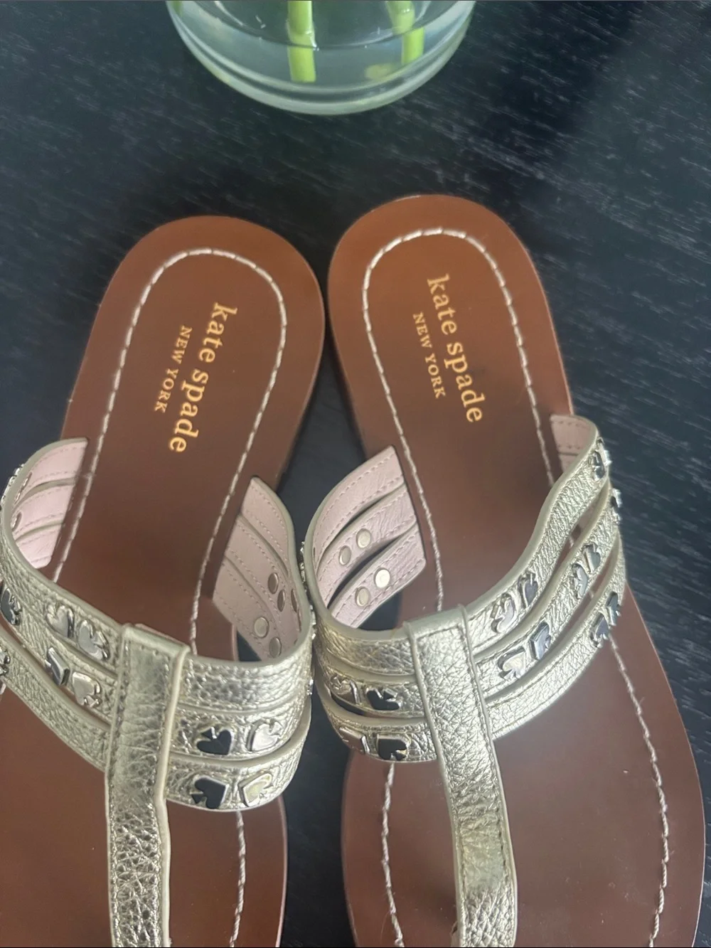 kate spade Metallic Gold T-Strap Embellished Sandals